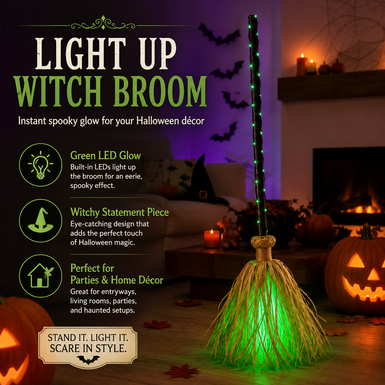 🧹 Light-Up Witch Broom Halloween Decoration – Spooky Green LED Décor