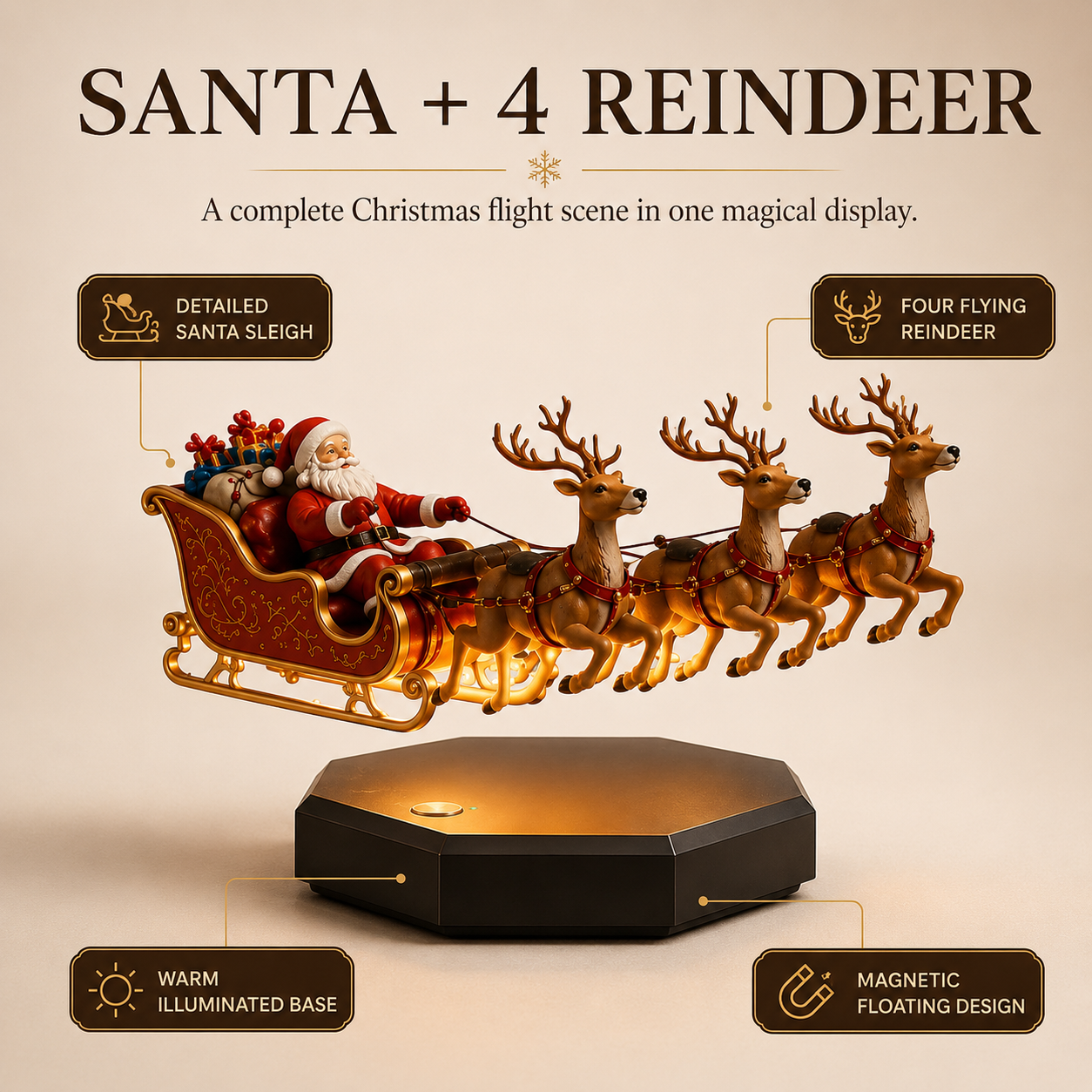 π
Floating Santa Sleigh with 4 Reindeer β Magnetic Christmas Centerpiece