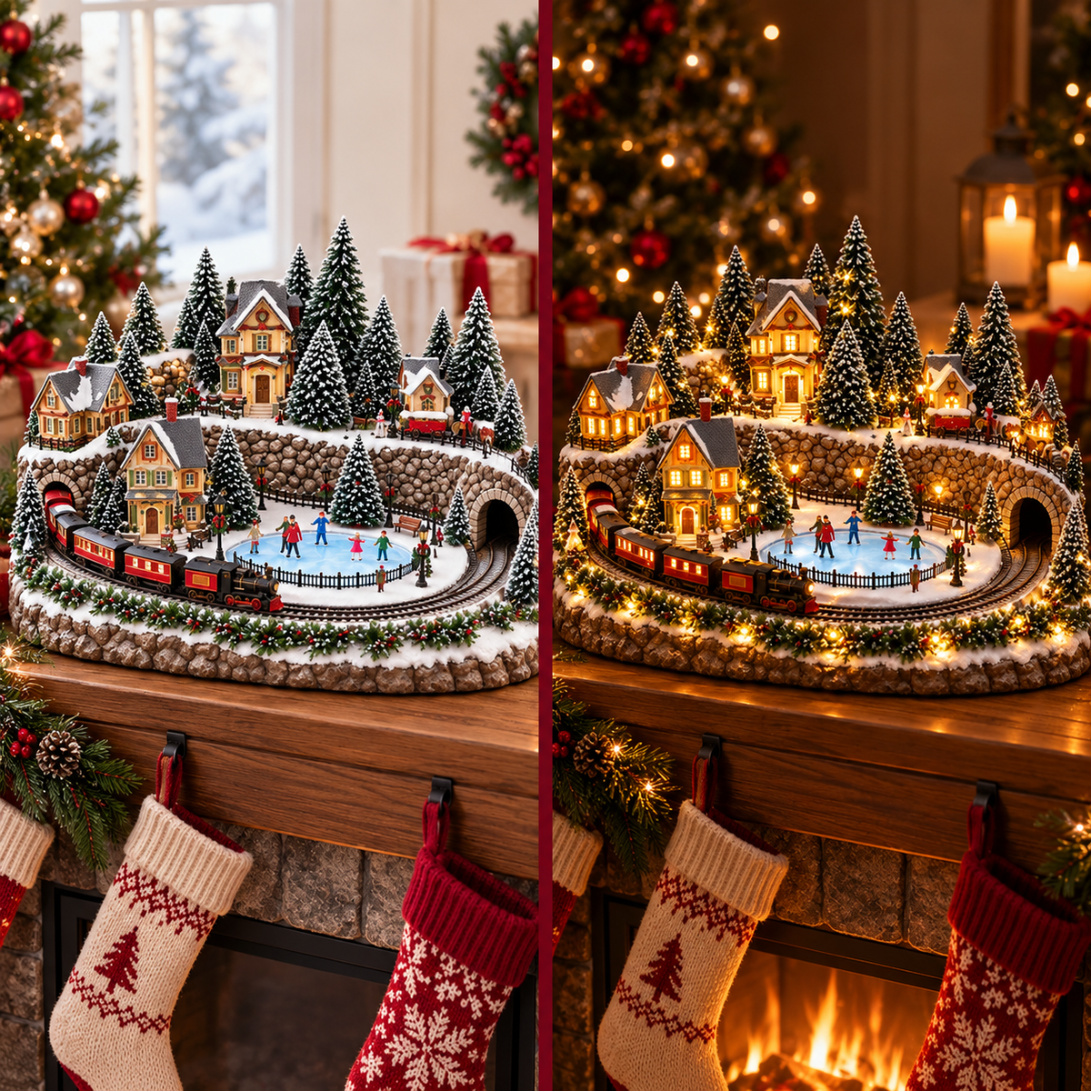 🎄 Animated Christmas Train & Ice Rink Village – Light-Up Musical Holiday Decoration