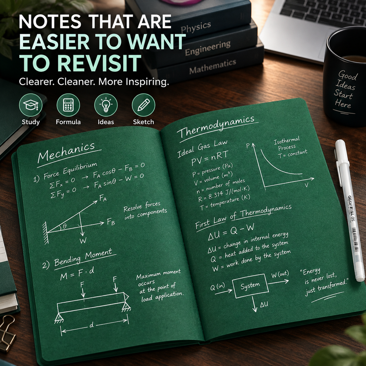 Deep Green Blank Notebook with White Gel Pen | Aesthetic Writing & Sketch Journal