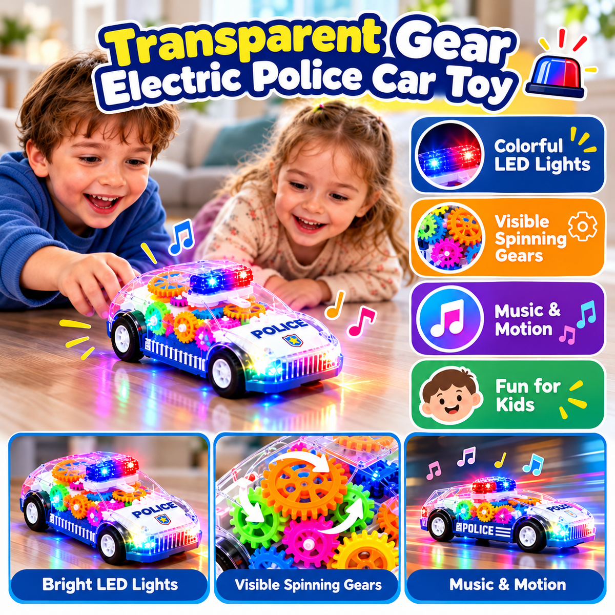 🚓 Transparent Gear Police Toy Car – Spinning Gears, LED Lights & Music