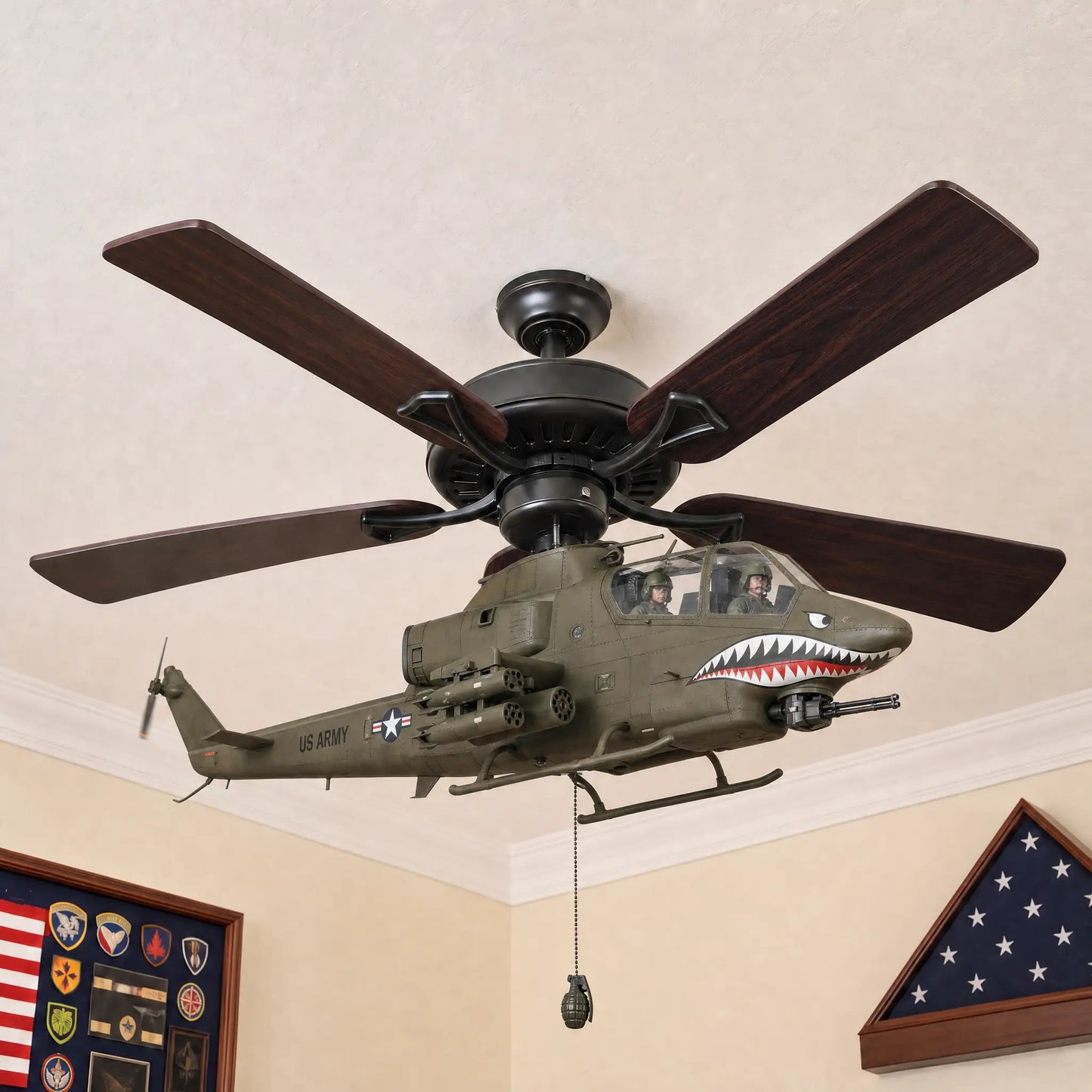 🚁 Military Helicopter Ceiling Fan Decor – Realistic Hanging Ornament for Man Cave & Home.