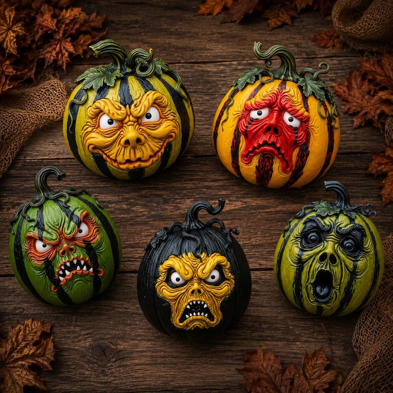 Halloween Resin Pumpkin Decor, Spooky Monster Face Jack O Lantern Figurines for Gothic Shelf Mantel Table Centerpiece Display