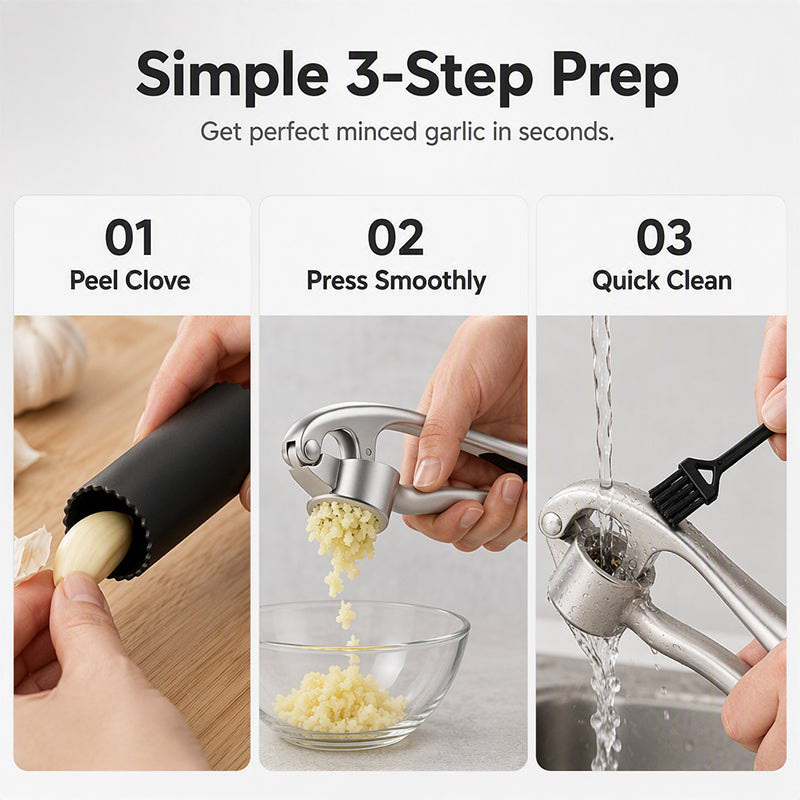 🧄 3-Piece Garlic Press Set – Peel, Press & Clean with Less Mess