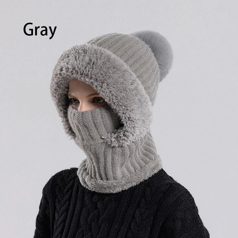 ππ70% OFF!!!-Ready for Winter!!!βοΈβ¨Women 3-in-1 Knitted Balaclava Hat, Fleece Lined Warm Hood Beanie with Scarf & Face Mask, Pom Pom Winter Hat for Outdoor Skiingπ§£