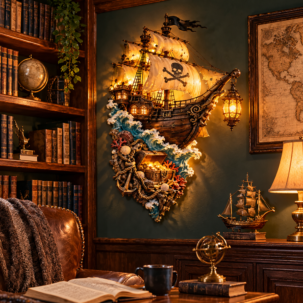 🏴‍☠️ Illuminated Pirate Ship Wall Sculpture – Nautical Treasure Lantern Décor