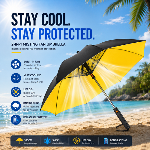 Cooling Mist Fan Umbrella | Built-In Fan, Mist Spray & UPF 50+ Protection