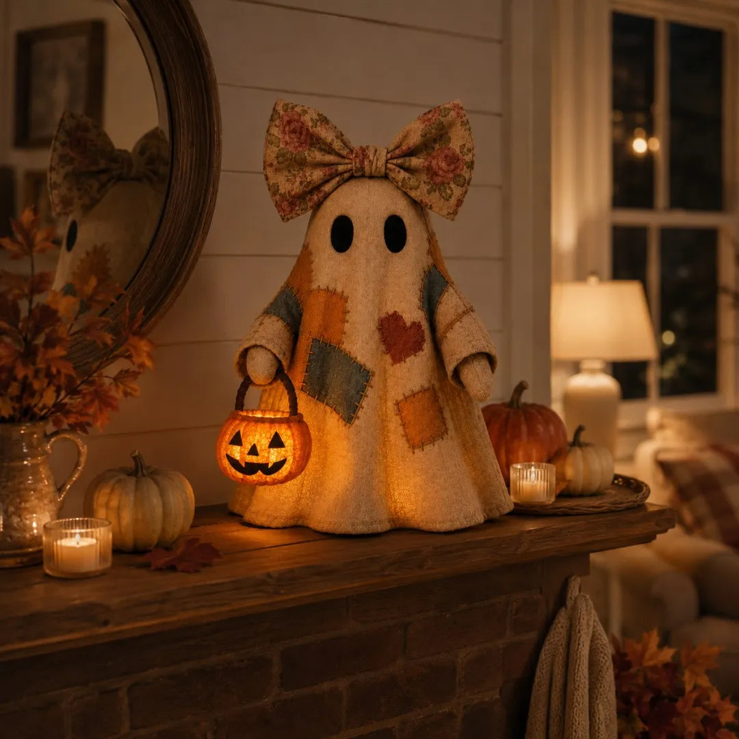 👻 25.6" Lighted Vintage Patchwork Ghost – Cozy Halloween & Fall Home Decor