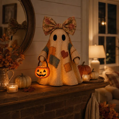 👻 25.6" Lighted Vintage Patchwork Ghost – Cozy Halloween & Fall Home Decor