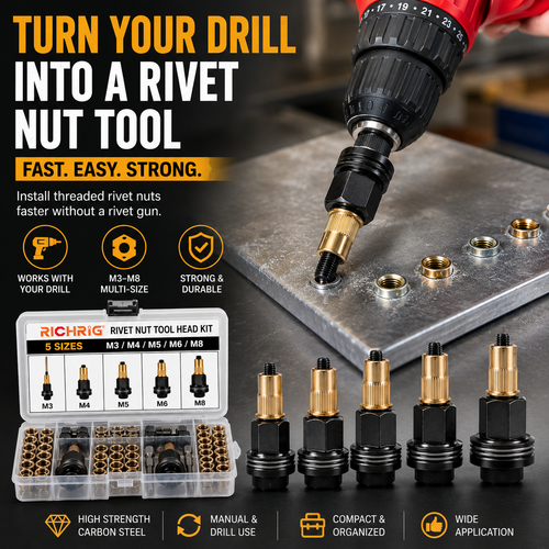 Hot🚀Head Rivet Nut Tool-M3 M4 M5 M6 M8 Rivnut Kit-Carbon Steel Rivnut Set