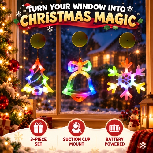 🎄 3-Piece Christmas Window Lights – LED Suction Cup Tree, Bell & Snowflake Decorations