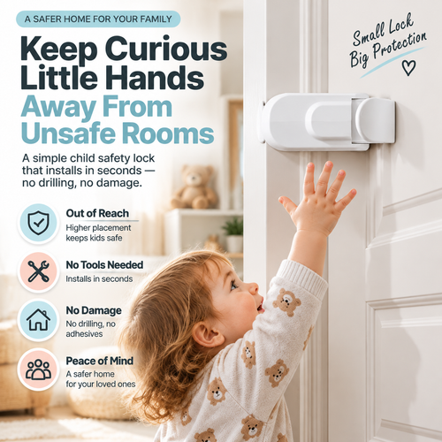 👶 High-Mount Toddler Door Safety Lock – Tool-Free Interior Door Childproofing