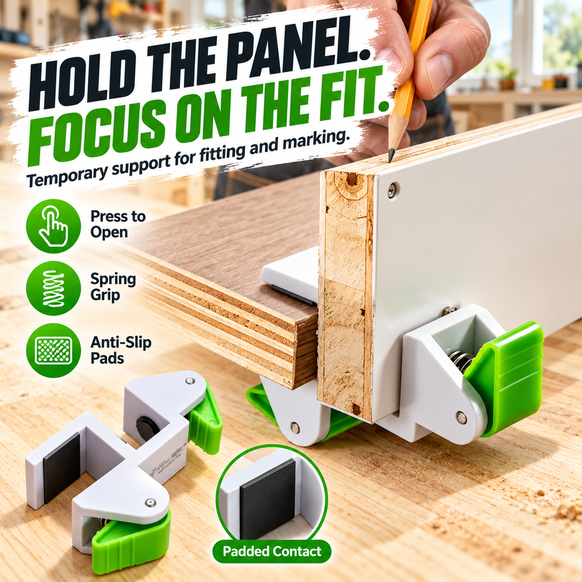 🛠️ SPECIAL OFFER: Woodworking Panel Positioning Clamp – Spring-Loaded Grip, Anti-Slip Pads & Easier Cabinet Fitting ✨
