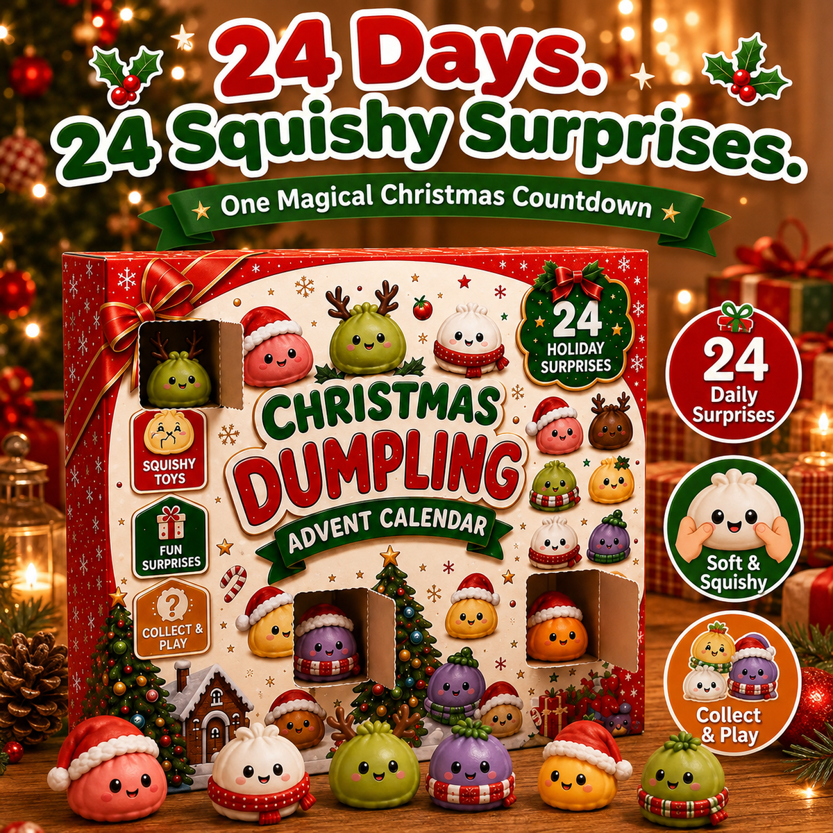 Original Christmas Dumpling Advent Calendar box with festive red and green illustration and mini squishy surprises