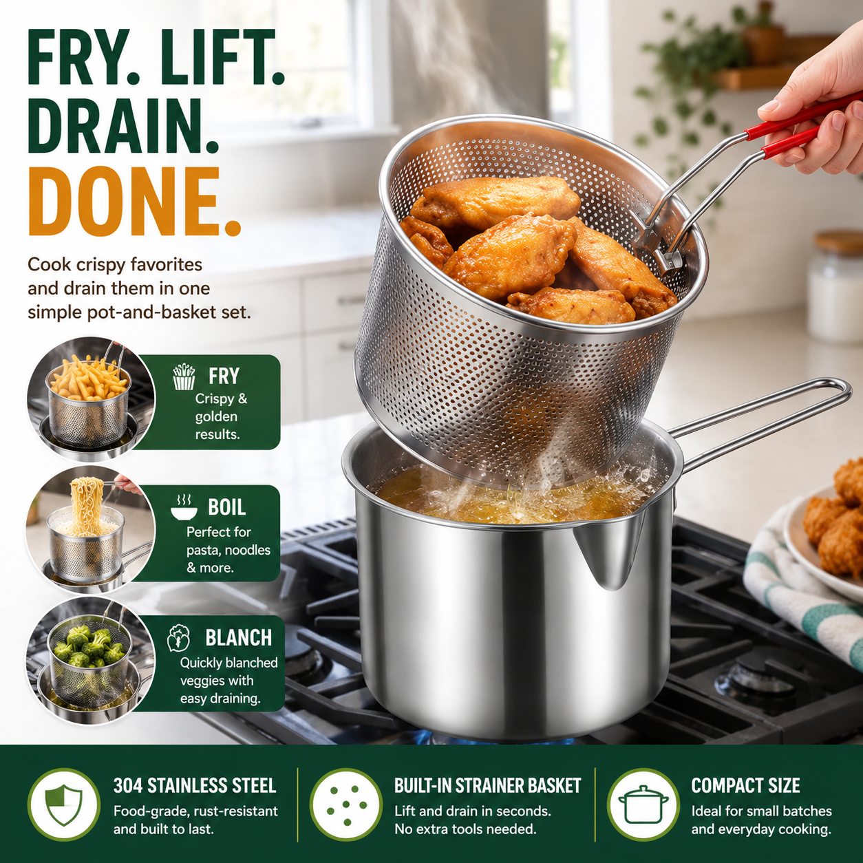2026🔥🍟 Personal Mini Deep Fryer Set – Stainless Steel Pot with Lift-Out Draining Basket & Food Tongs