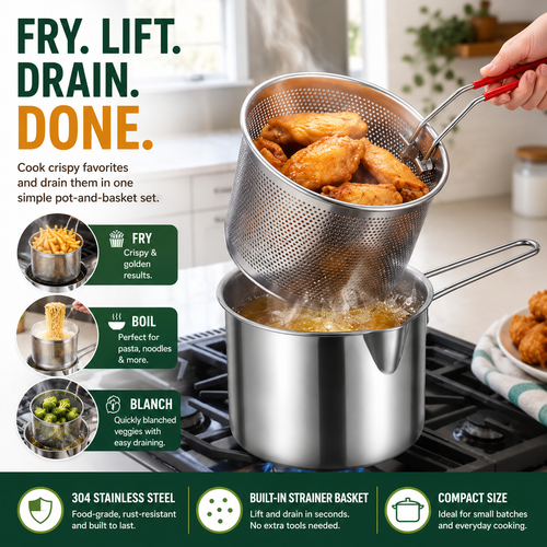 2026🔥🍟 Personal Mini Deep Fryer Set – Stainless Steel Pot with Lift-Out Draining Basket & Food Tongs