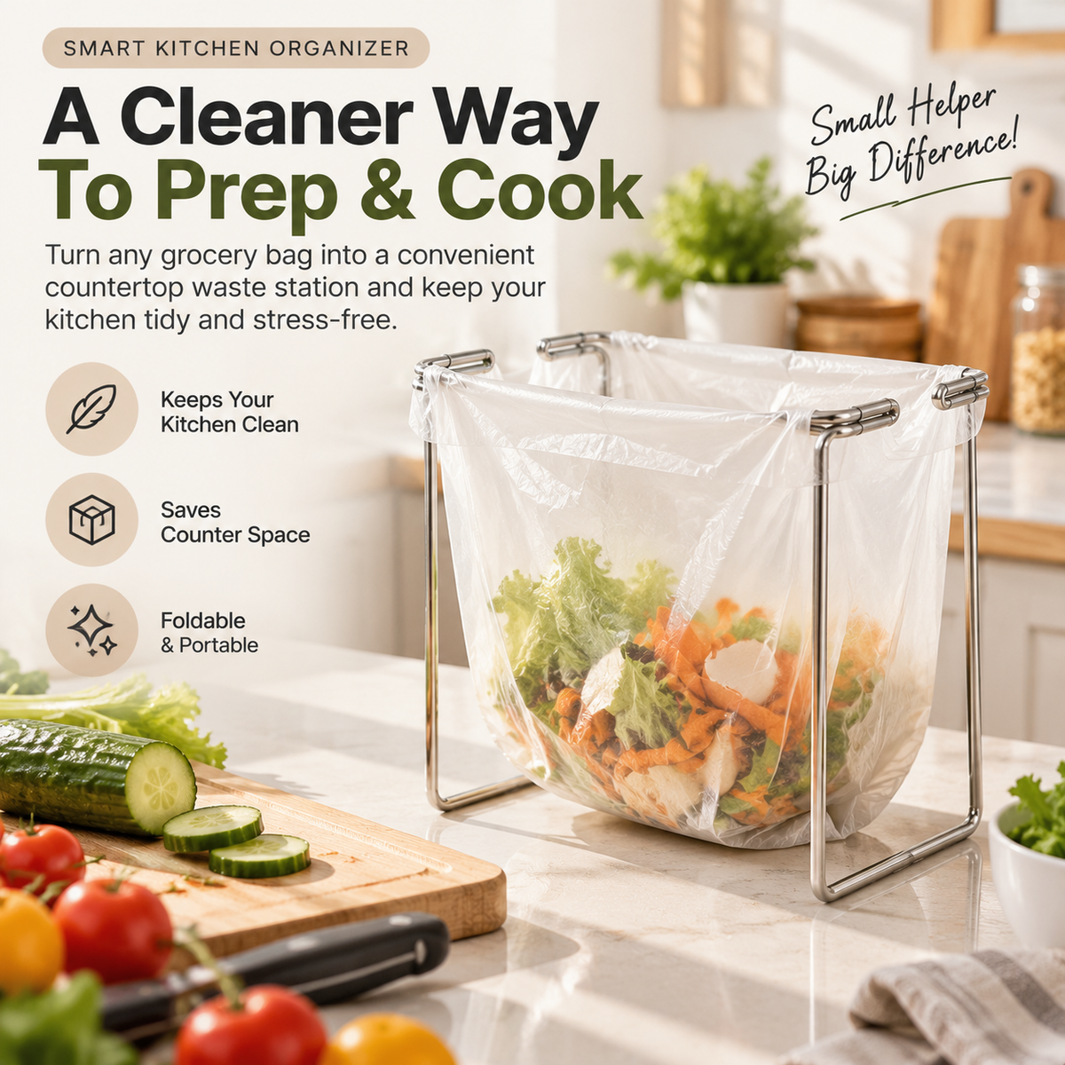 🗑️ HOT SALE | 🥕Foldable Countertop Trash Bag Holder – Stainless Steel Kitchen Waste Rack for Grocery Bags & Food Scraps