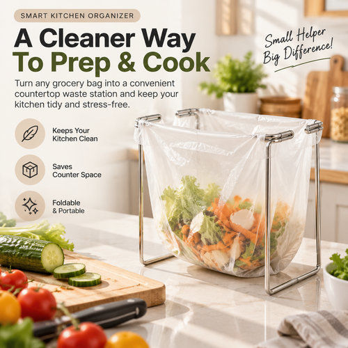 🗑️ HOT SALE | 🥕Foldable Countertop Trash Bag Holder – Stainless Steel Kitchen Waste Rack for Grocery Bags & Food Scraps