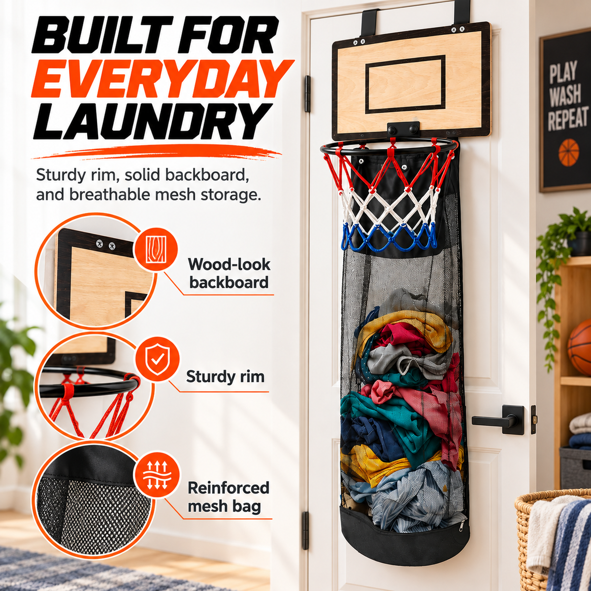 🏀Over-the-Door BasketballLaundry Hamper - Fun Space-Saving Clothes Basket