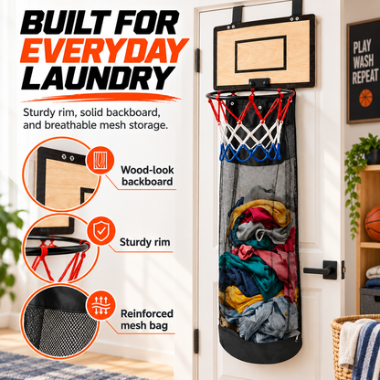 🏀Over-the-Door BasketballLaundry Hamper - Fun Space-Saving Clothes Basket