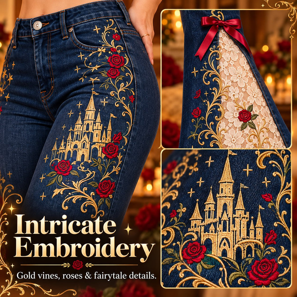 ✨ Fairy Tale Flare: Vintage Embroidered Denim Jeans