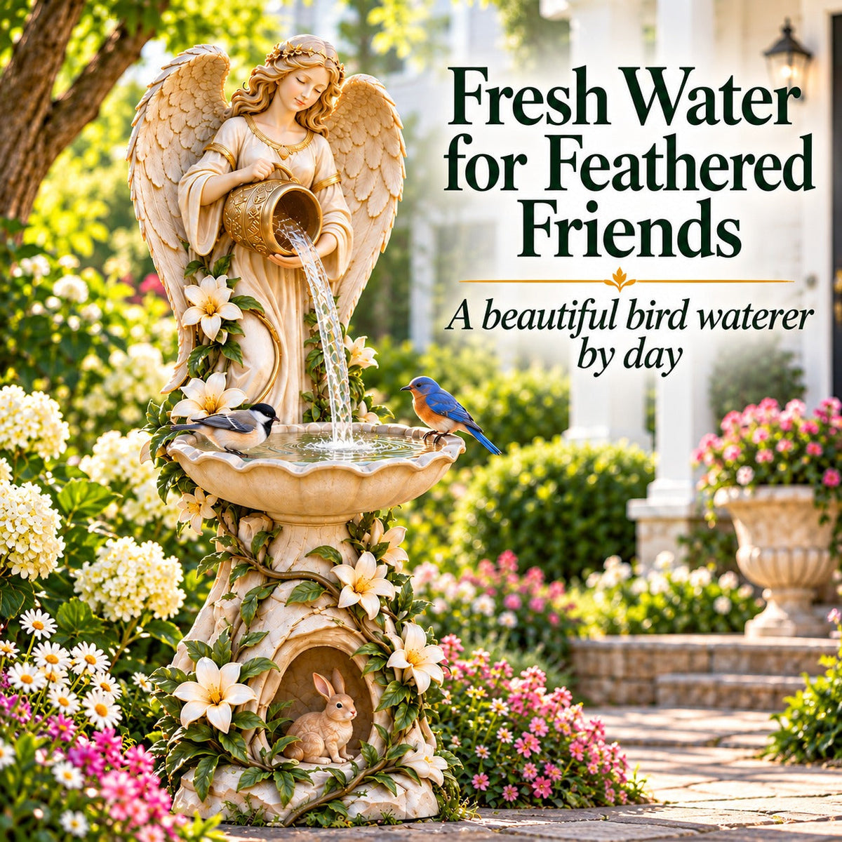 🪽 Solar Angel Bird Bath with Cascading Lights – Outdoor Garden Decoration