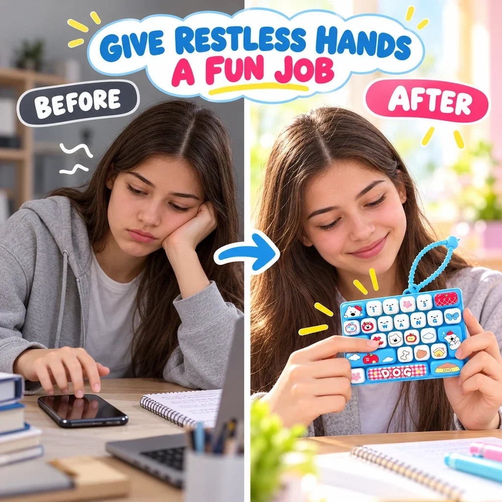 Person enjoying a hands-on fidget keyboard instead of scrolling on a phone
