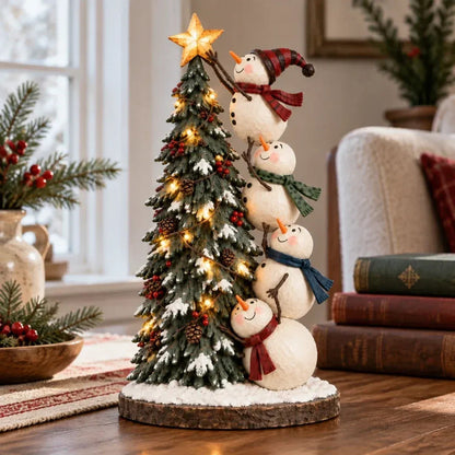 ⛄ Four Snowmen Light-Up Christmas Tree Figurine – LED Holiday Tabletop Decoration