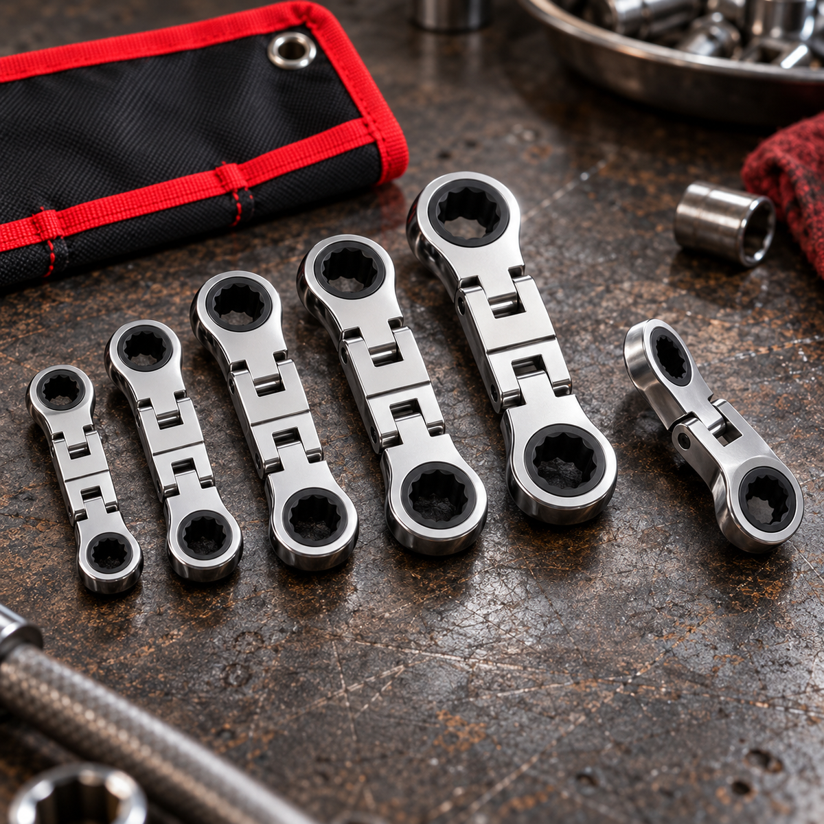 💯🛠️ 5-Piece Stubby Flex-Head Ratchet Wrench Set – Built for Tight Spaces Wrench Set 72-Tooth Metric Mechanic Tools