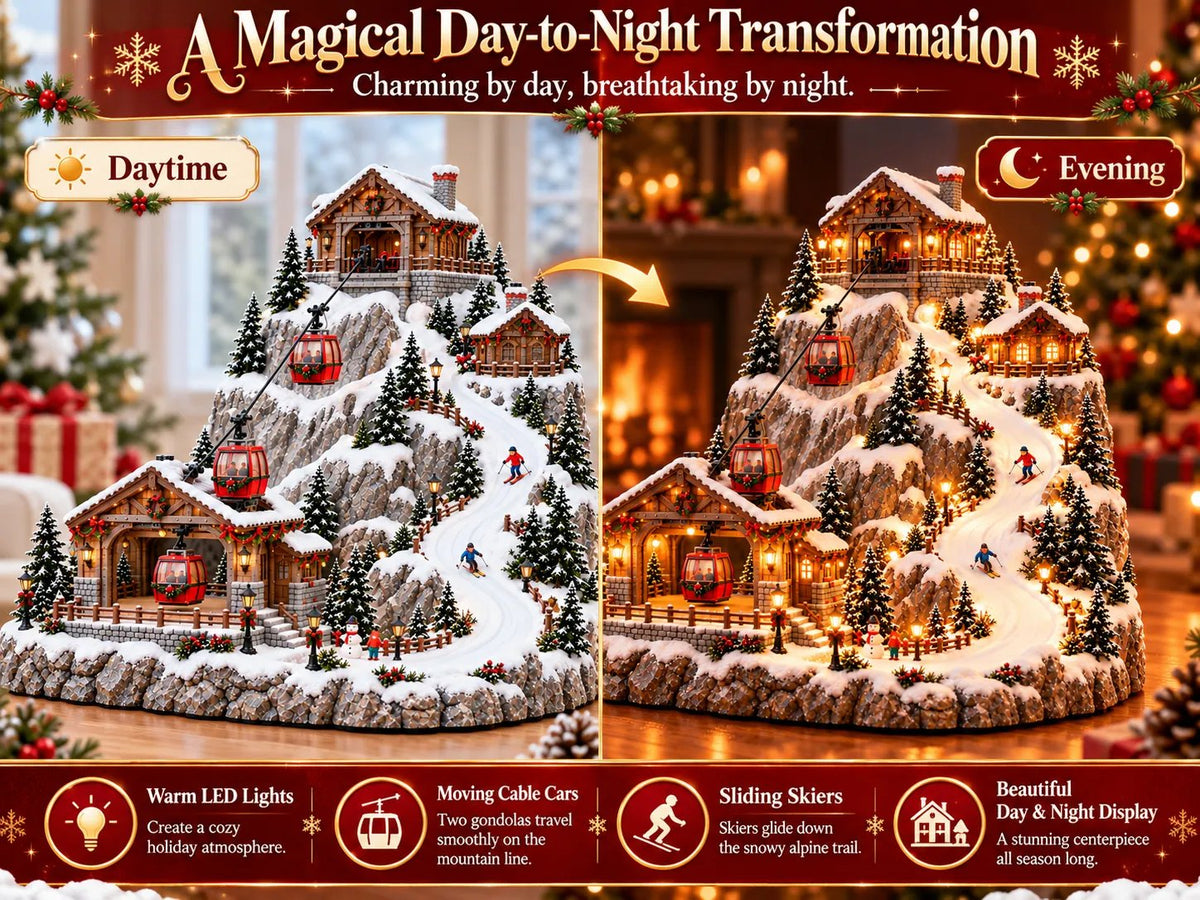Animated Christmas Mountain Cable Car & Ski Village Scene ✨✨