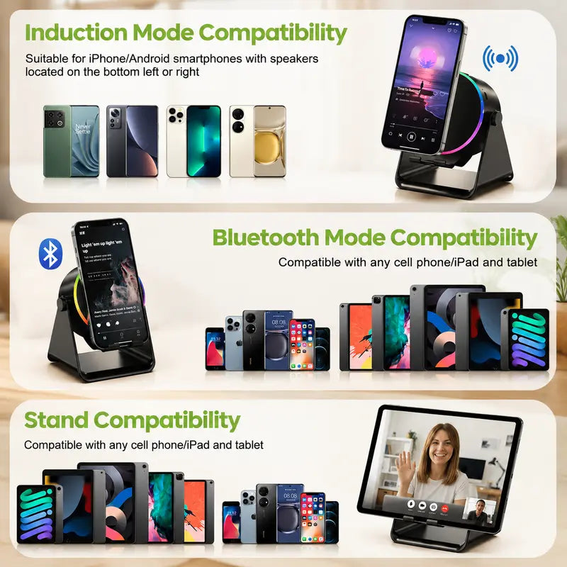 🔊 5-in-1 Wireless Induction Bluetooth Speaker Stand – 360° Rotating Phone Holder with LED Light