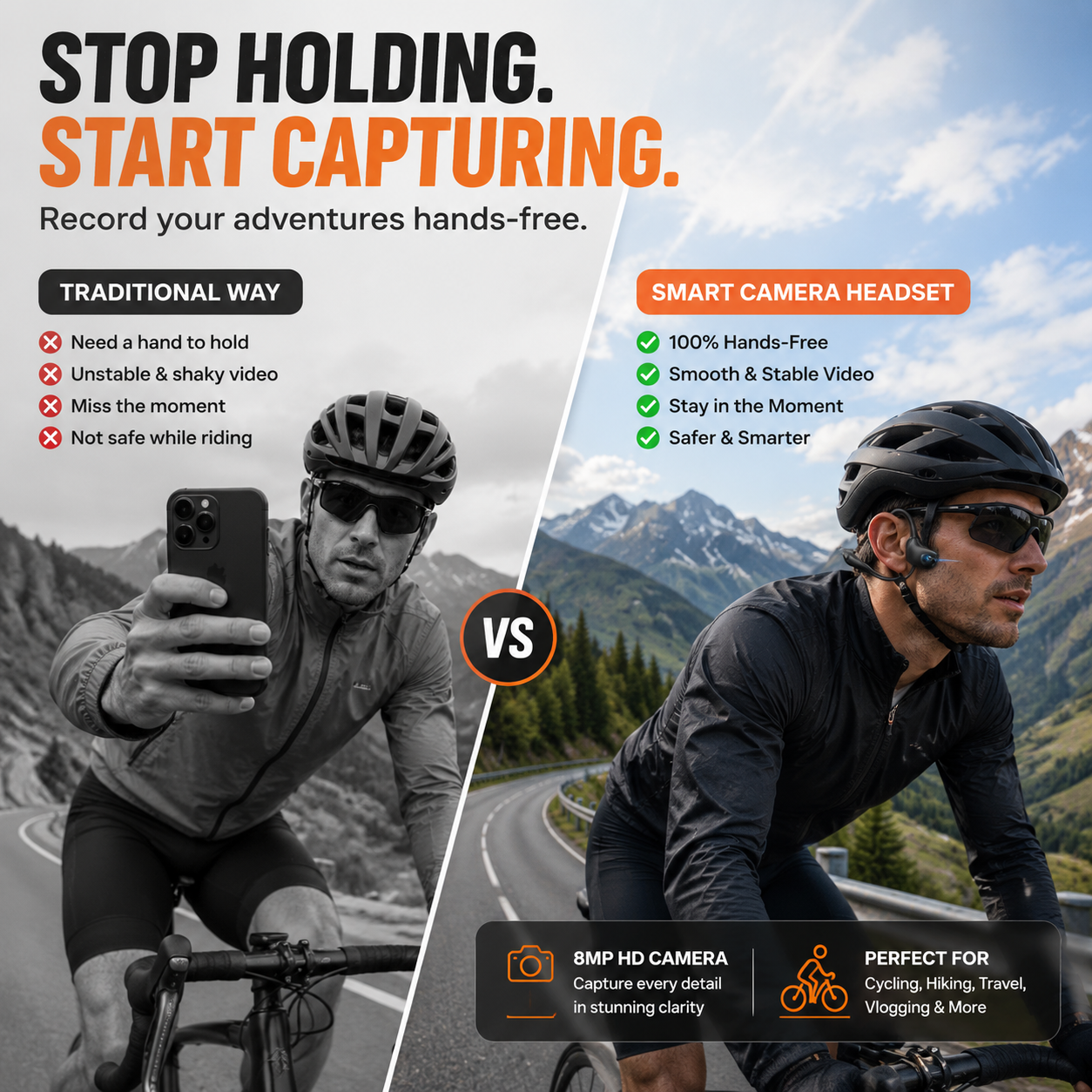 📸 Smart Open-Ear Camera Headset – Hands-Free POV Recording & Audio