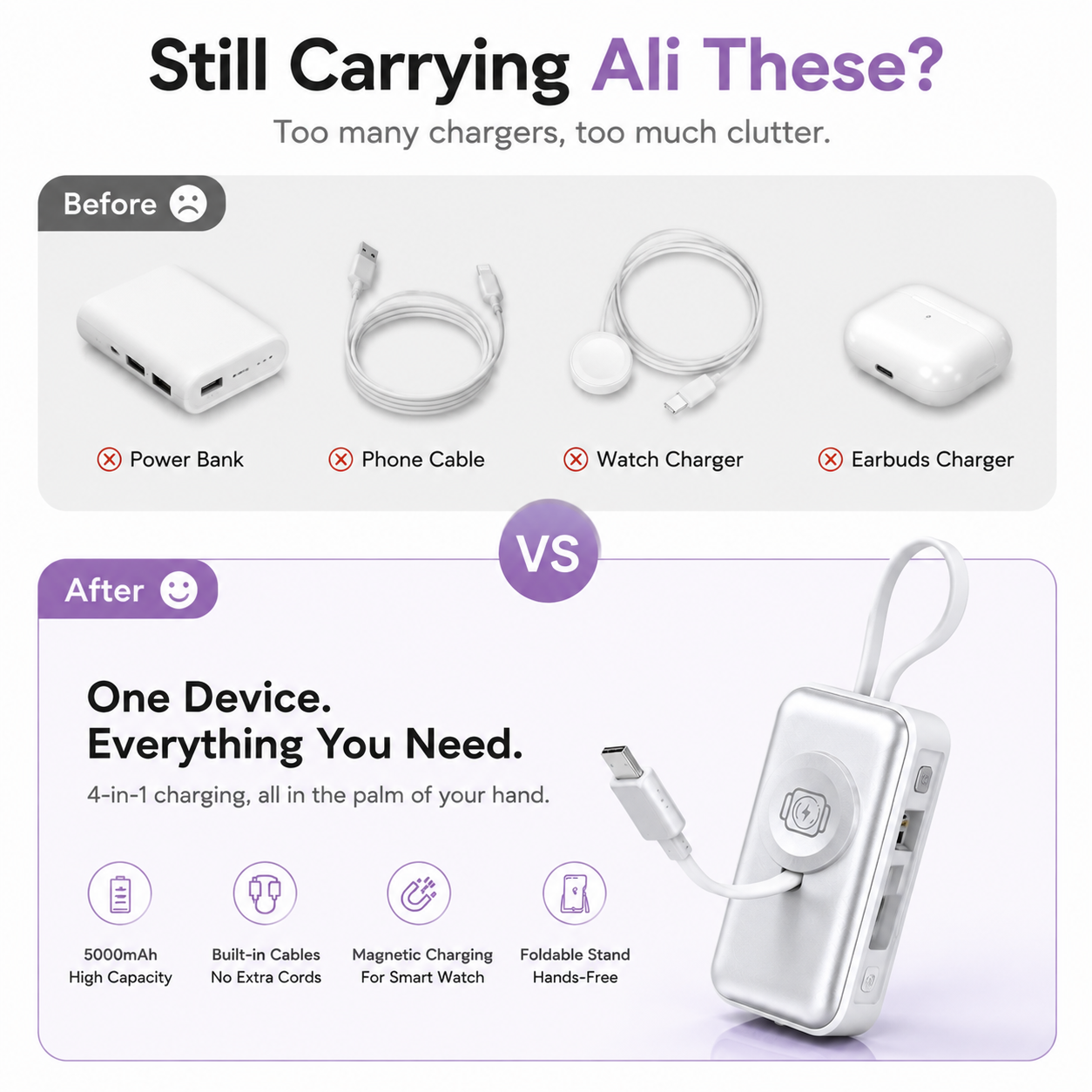 ✈️ Travel Essential 2026 – Mini Portable Power Bank With Built-In Cable For Phones