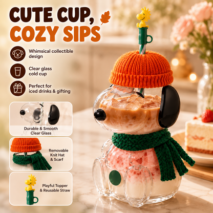 🥤 FALL FAVORITE   | Cute Character Cold Cup – 🎁3D Glass Tumbler with Straw for Iced Coffee, Matcha & Cold Drinks