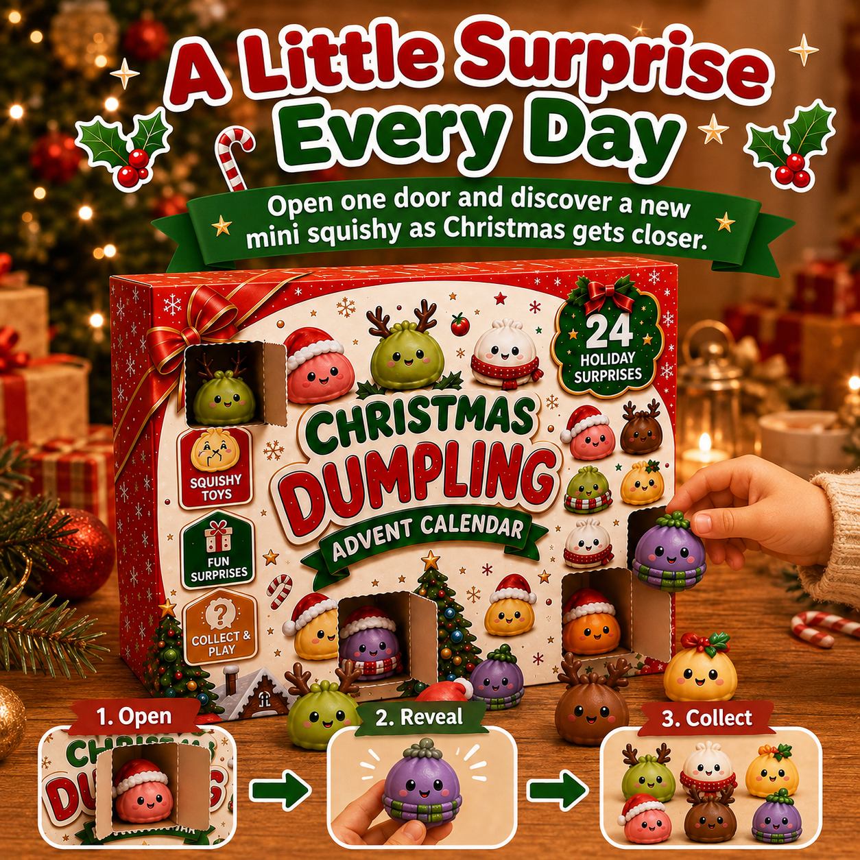 Original seller photo demonstrating the three steps to open reveal and collect a new dumpling squishy