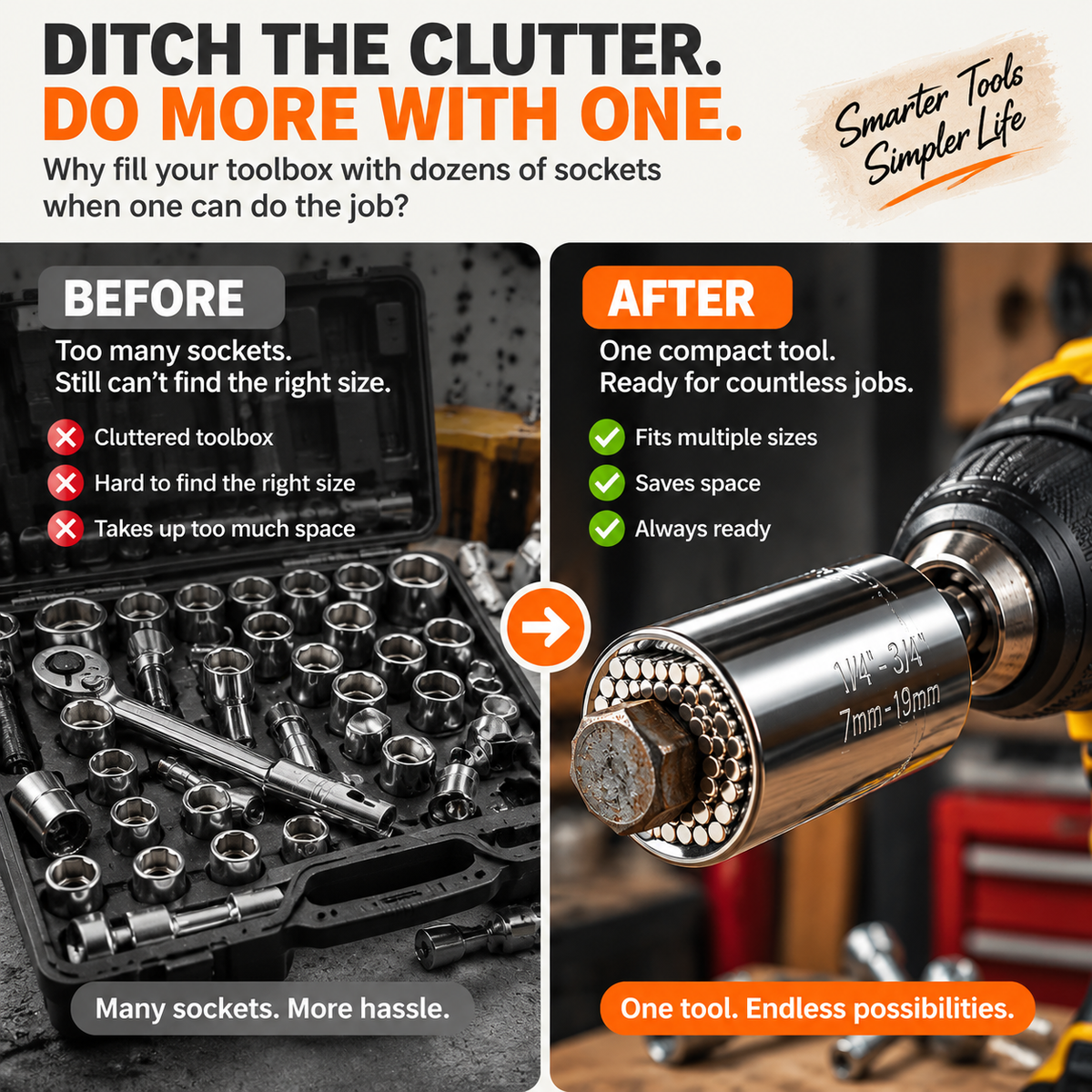⚙️ 2-Piece Self-Adjusting Universal Socket Set – For Nuts, Bolts, Hooks & Everyday Fixes