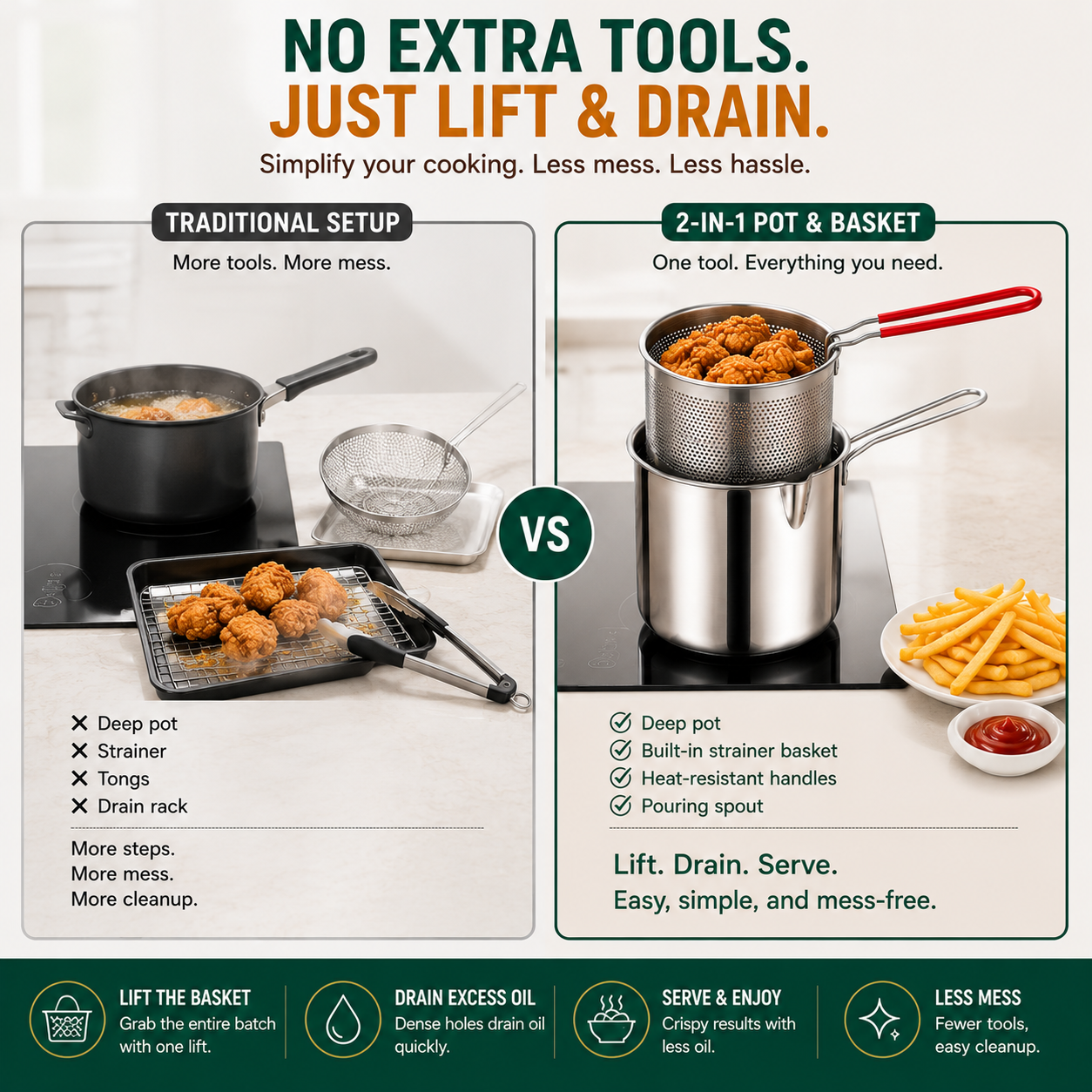 2026🔥🍟 Personal Mini Deep Fryer Set – Stainless Steel Pot with Lift-Out Draining Basket & Food Tongs