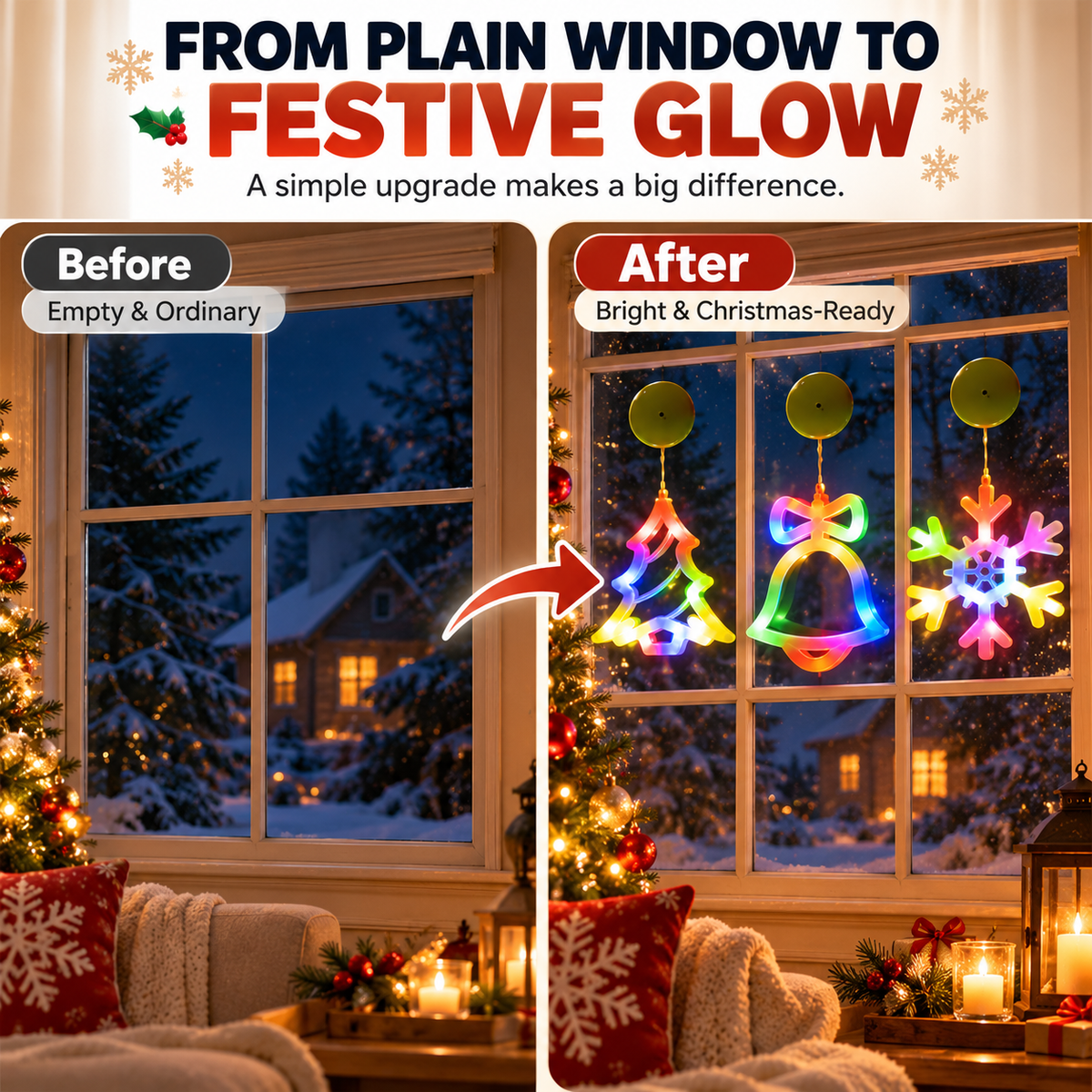 🎄 3-Piece Christmas Window Lights – LED Suction Cup Tree, Bell & Snowflake Decorations