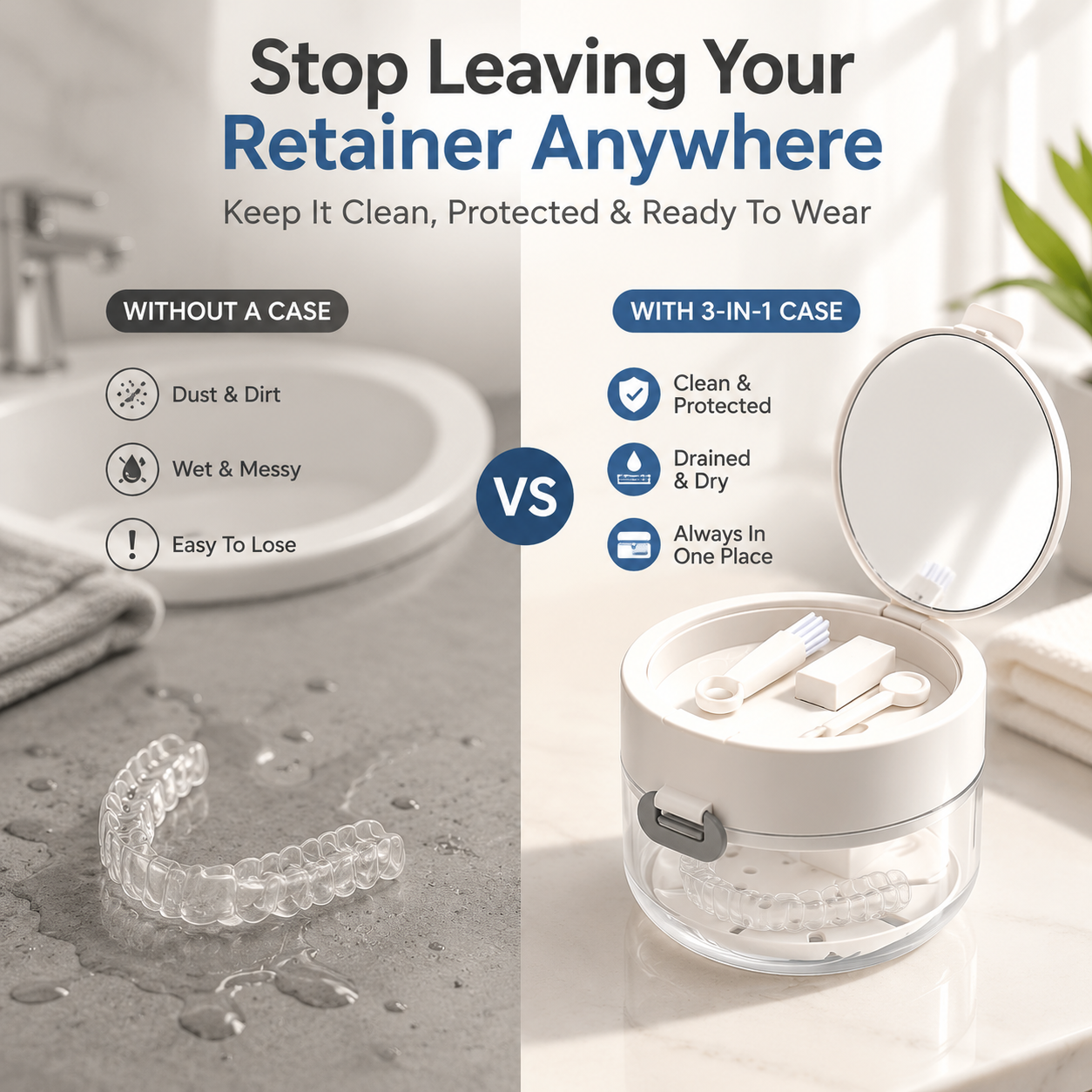 3-in-1 Travel Retainer Cleaner Case with Mirror & Drain Tray