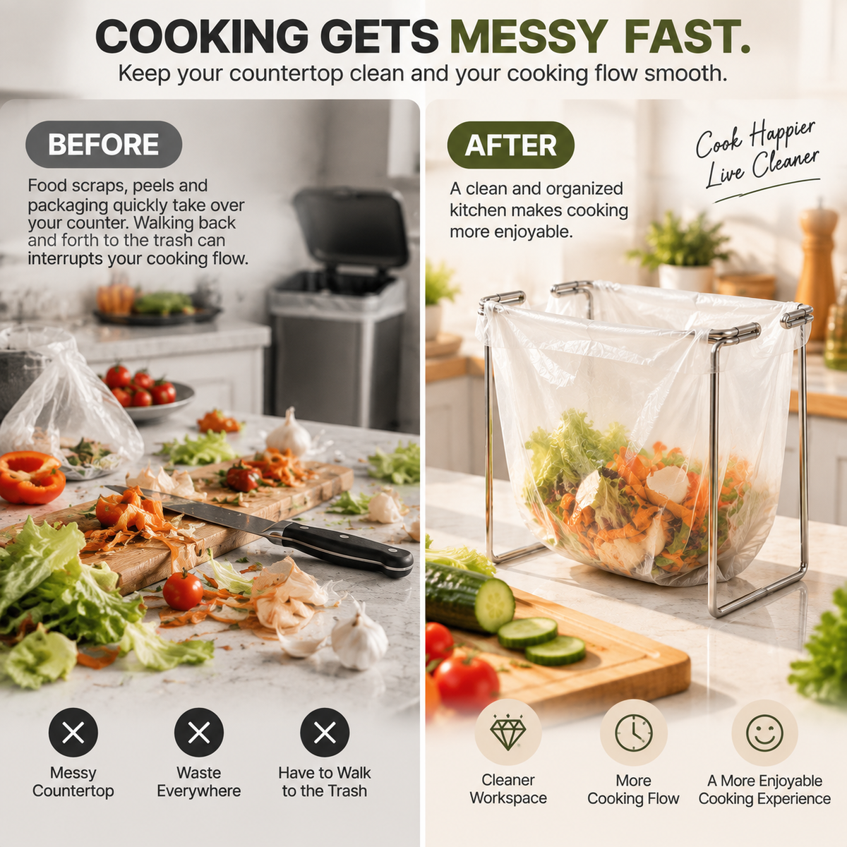 🗑️ HOT SALE | 🥕Foldable Countertop Trash Bag Holder – Stainless Steel Kitchen Waste Rack for Grocery Bags & Food Scraps
