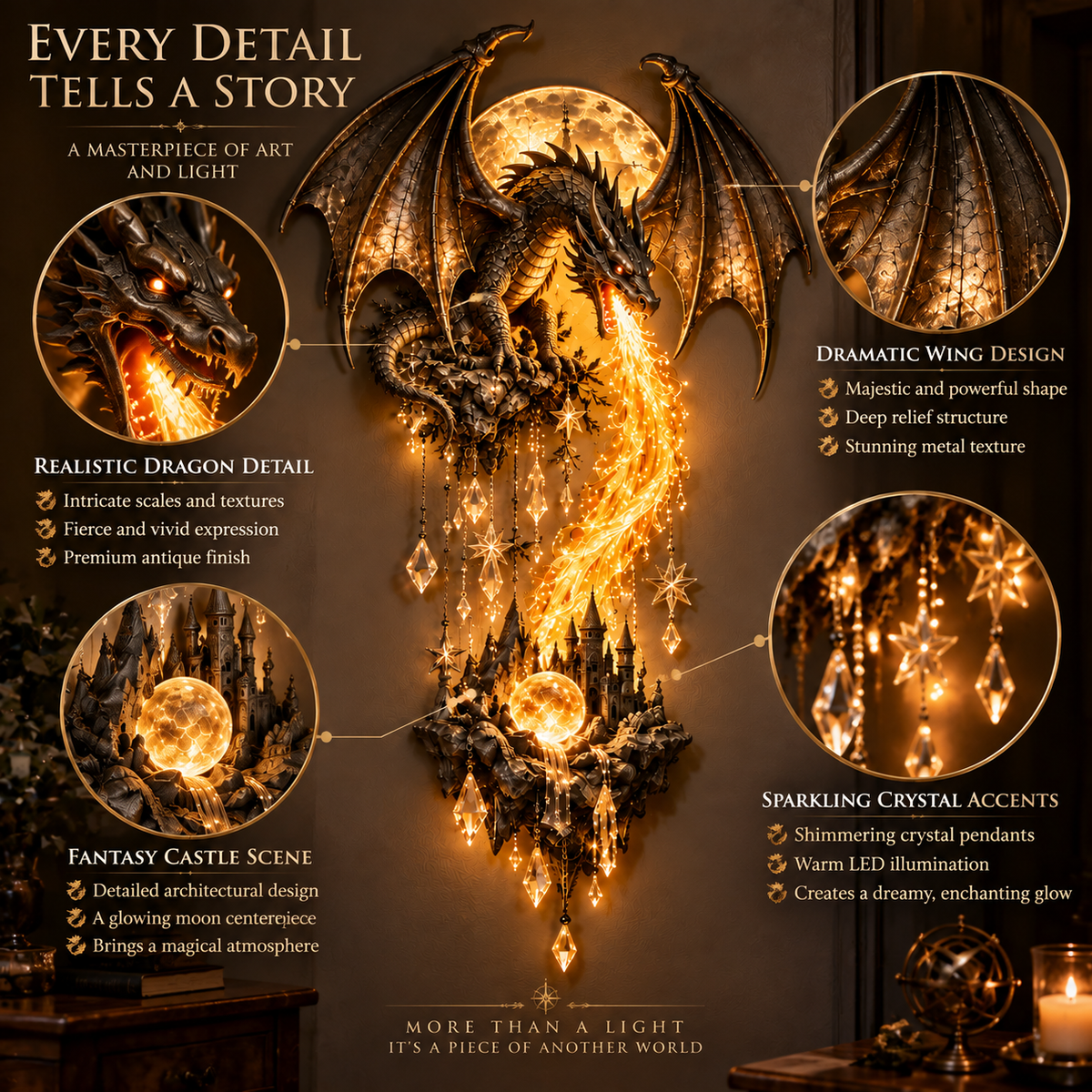 Detailed Dragonfire Moonlight Wall Lamp showing dragon wings castle and crystal accents