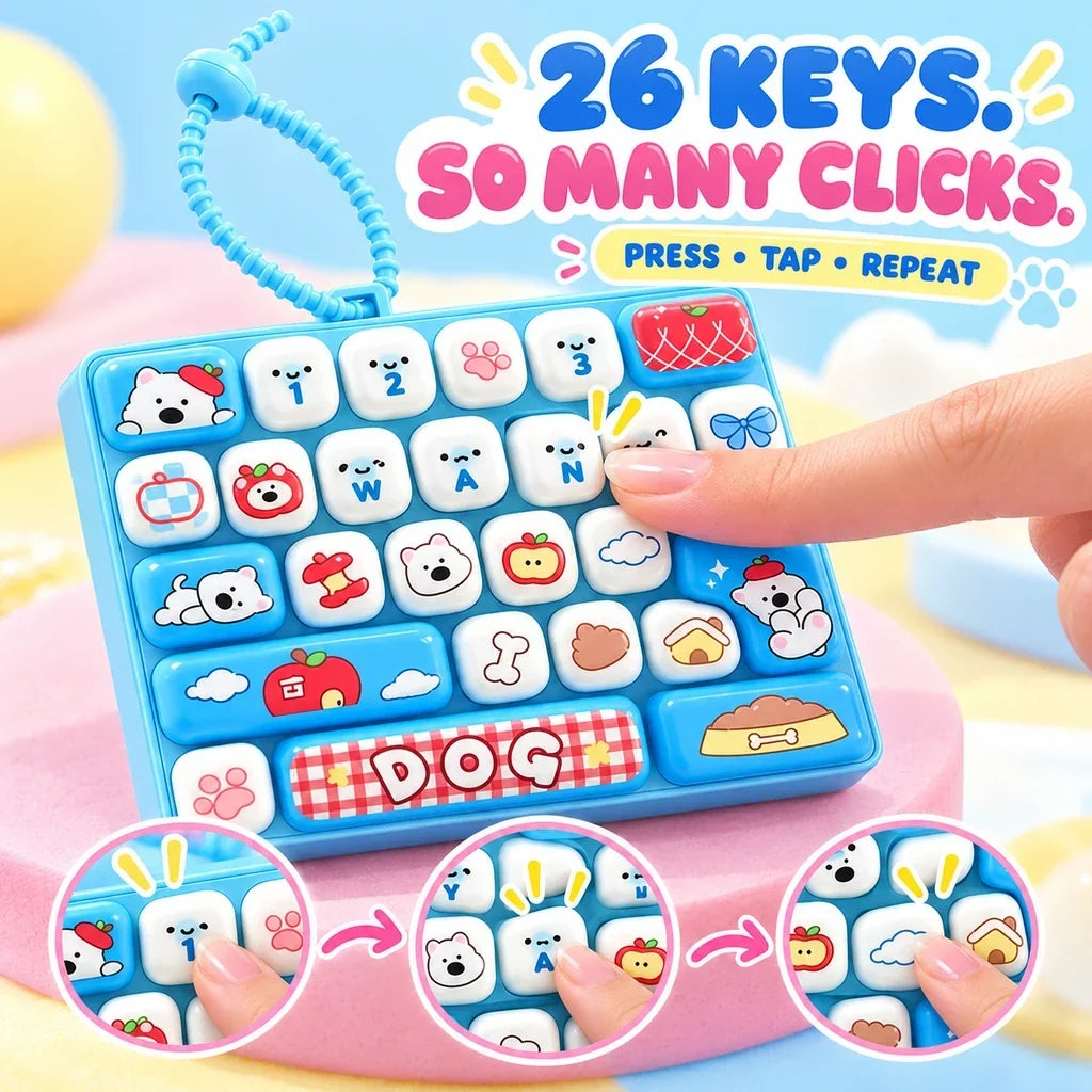 Finger pressing the colorful raised buttons on an Animal Diary mini keyboard