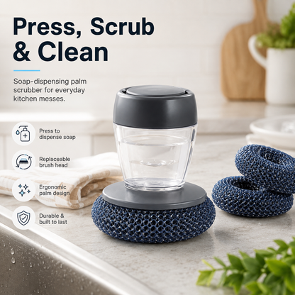 🧼 Soap-Dispensing Palm Scrubber Set – 1 Dispenser + 5 Extra PET Ball Brushes
