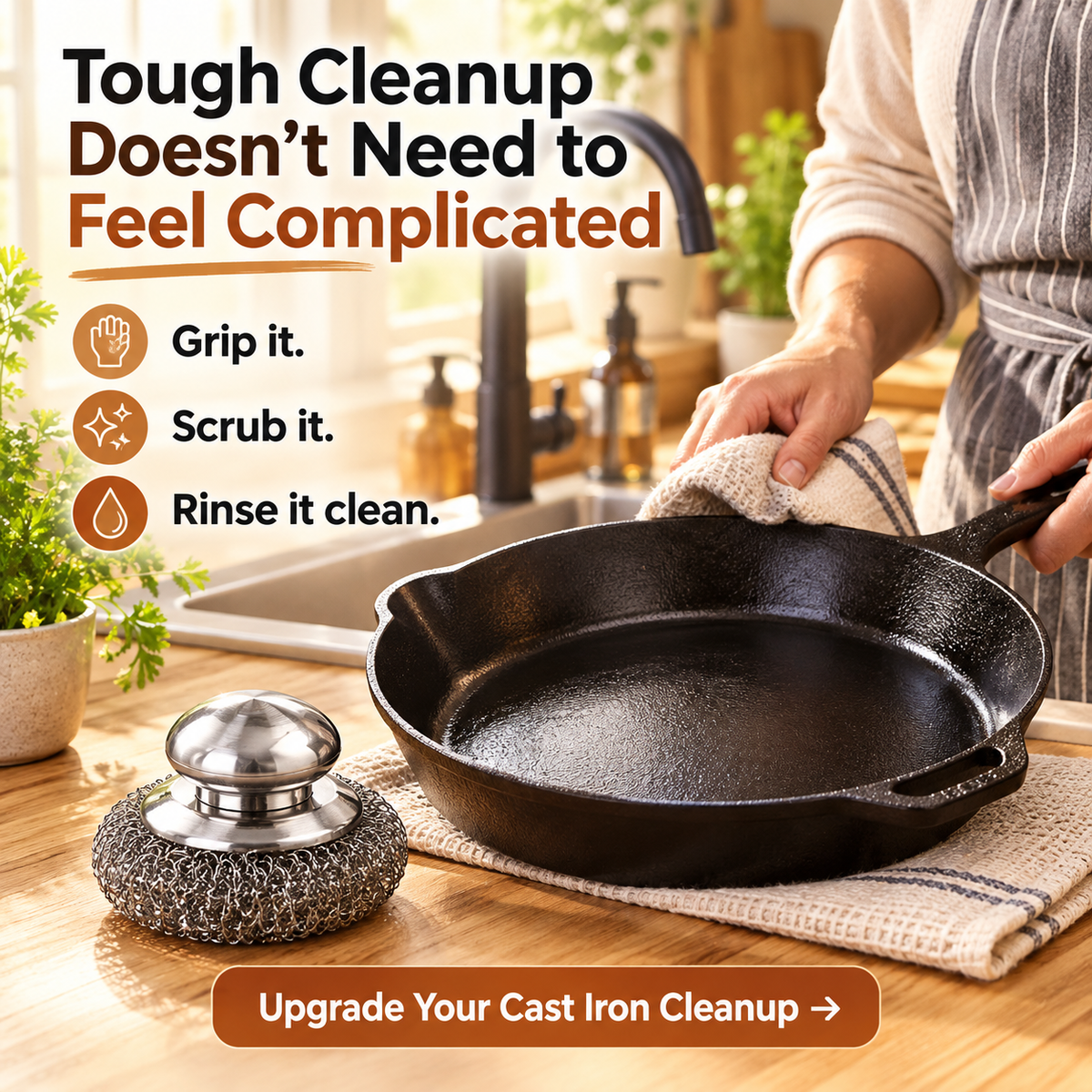 🍳 Heavy-Duty Stainless Steel Cast Iron Cleaner with Comfort Grip Knob
