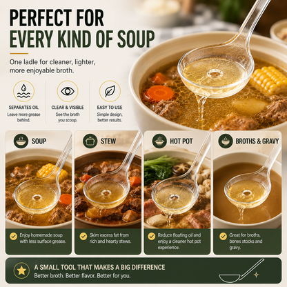 🥣 Fat Skimmer Ladle | Clear Oil Separator Spoon for Soup, Broth & Stew