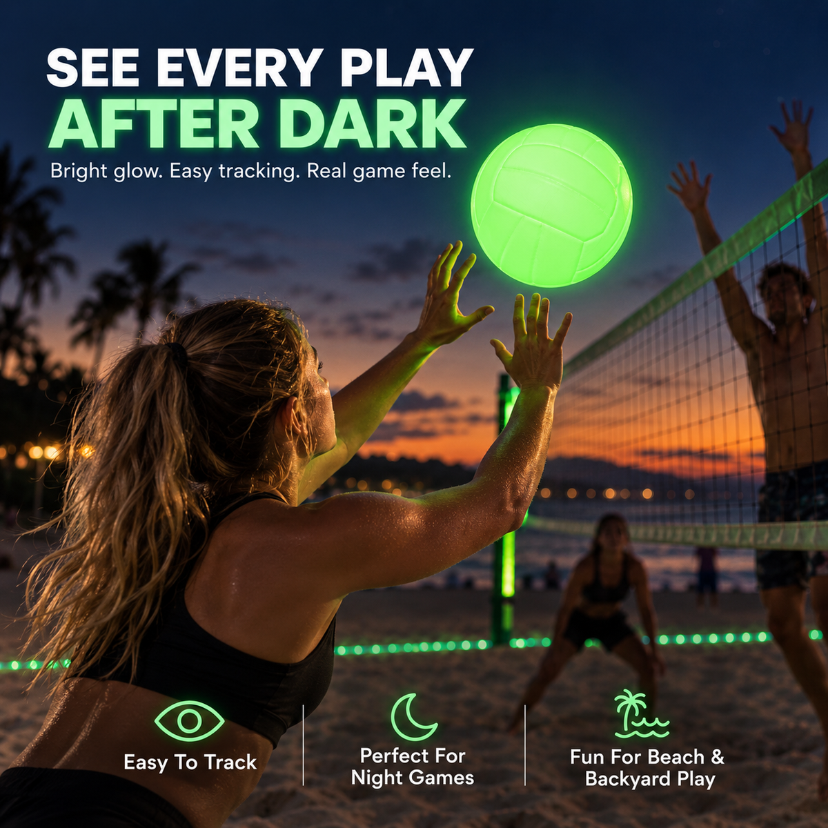 Glowing volleyball visible during night volleyball