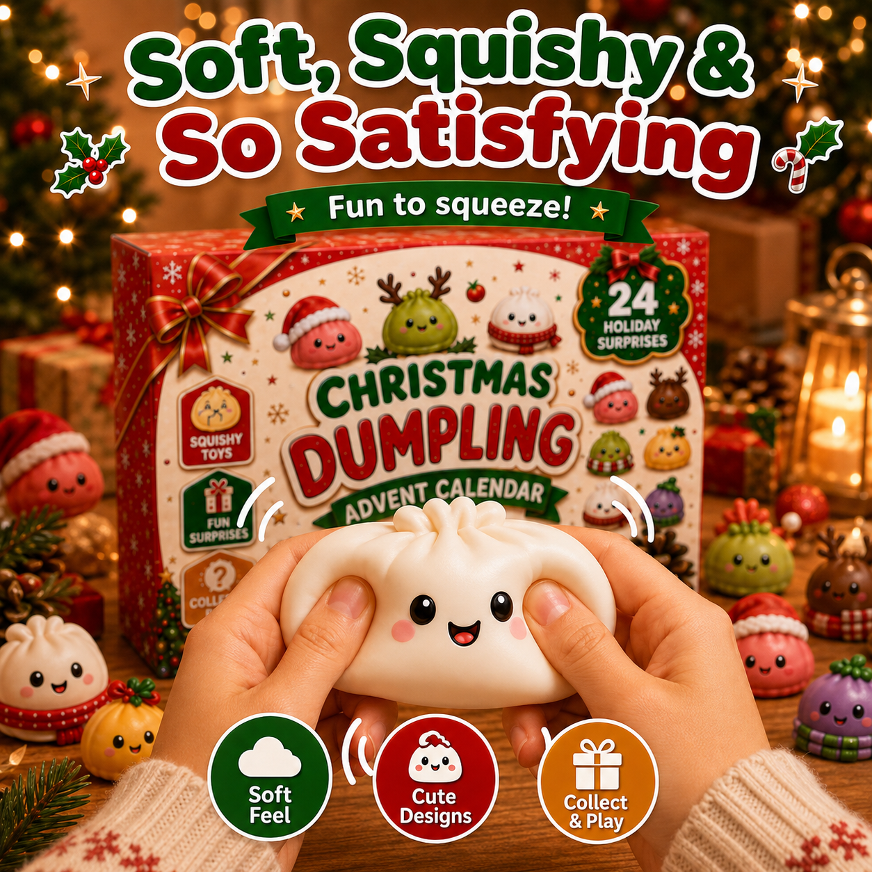 Hands gently squeezing a smiling white dumpling squishy in front of the festive advent calendar