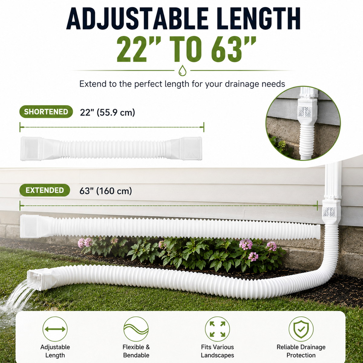 🏡 Flexible Rain Gutter Downspout Extension Kit  – Adjustable 22"-63" Drain Pipe with Leaf Filter for Foundation Protection