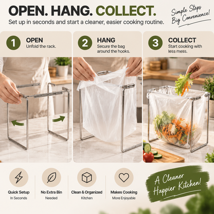 🗑️ HOT SALE | 🥕Foldable Countertop Trash Bag Holder – Stainless Steel Kitchen Waste Rack for Grocery Bags & Food Scraps
