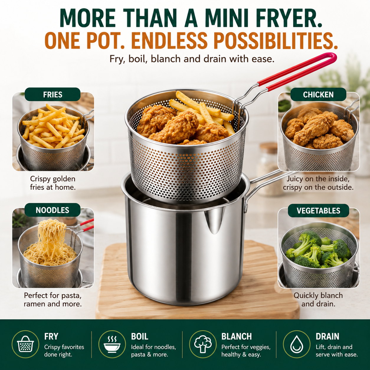 2026🔥🍟 Personal Mini Deep Fryer Set – Stainless Steel Pot with Lift-Out Draining Basket & Food Tongs